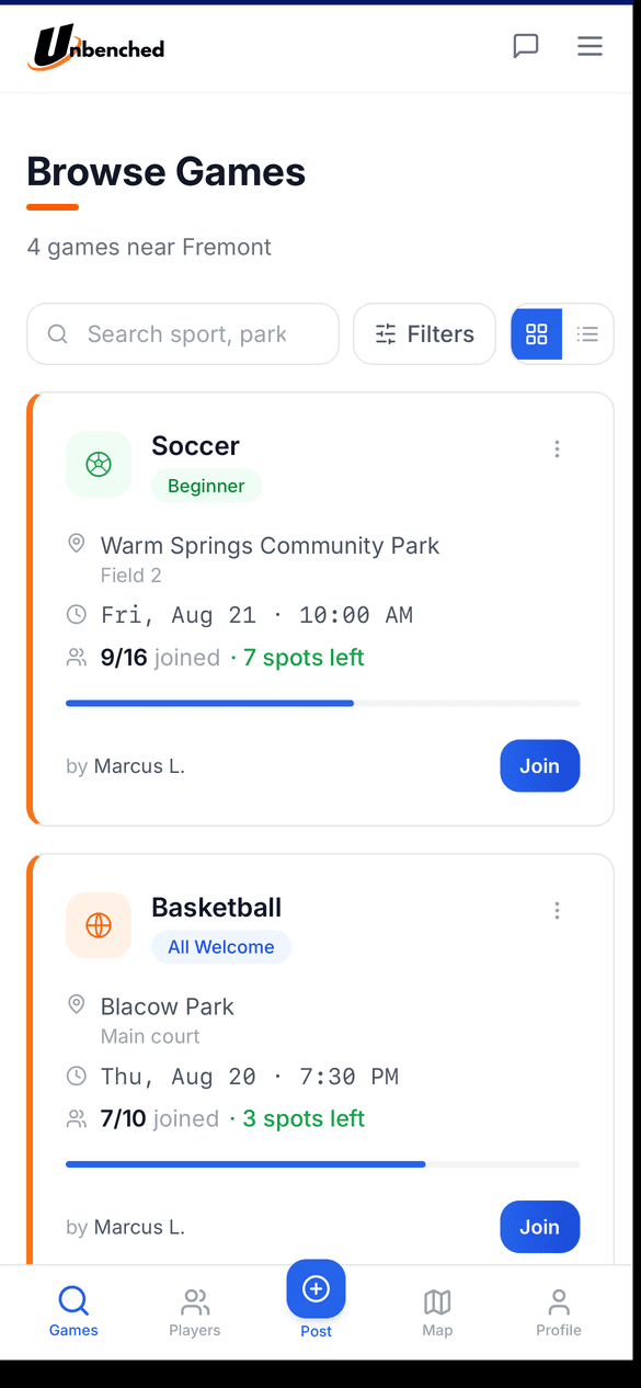 The Unbenched games list showing pickup games near Fremont with the number of spots remaining