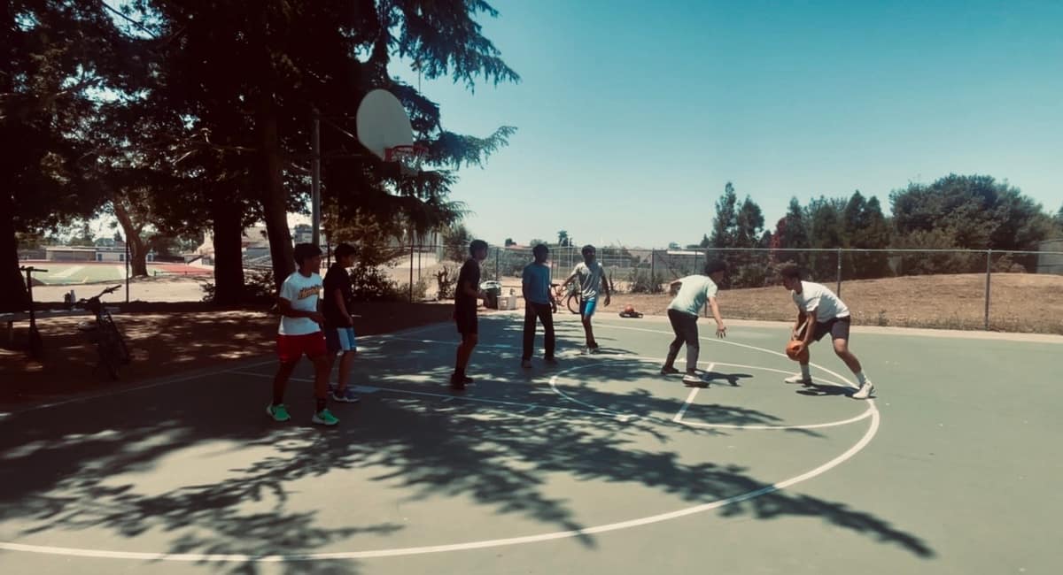 A pickup basketball game on an outdoor court, players spread across the key under tree shadows